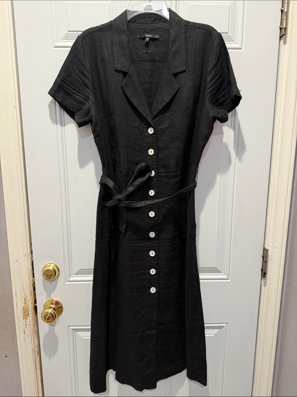 Quince Black Midi Button-Front Linen Dress with Waist Tie - Picture 2 of 8